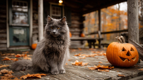 A Gray Cat Sits In Front Of Pumpkins In A Porch Setting With Fallen Leaves Around It — Stock Photo