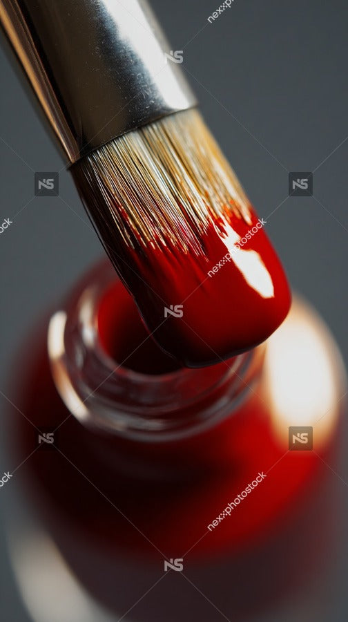 Shows A Close Up View Of A Nail Polish Bottle With Red Nail Polish Being Applied To A Brush — Stock Photo