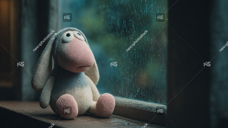 A Stuffed Bunny Sits By A Window During Rainfall With Droplets Visible On The Glass — Stock Photo