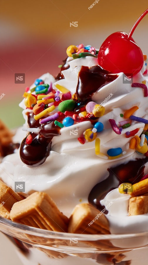 Displays A Close Up View Of A Dessert Specifically An Ice Cream Sundae With Chocolate Syrup And Whipped Cream — Stock Photo