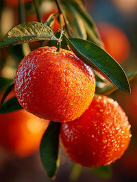 Bright Oranges On Tree With Droplets Of Water Close Up Shot From Above Set Against A Blurred Background Of More Oranges — Stock Photo