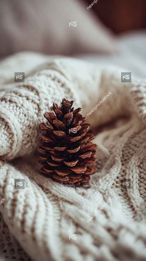 A Pine Cone Rests On A Knitted Blanket With A Cozy Warm Ambiance In The Background — Stock Photo