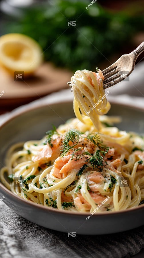 A Plate Of Creamy Salmon Pasta With Spinach Garnished With Herbs And A Wedge Of Lemon Served On A Wooden Table — Stock Photo