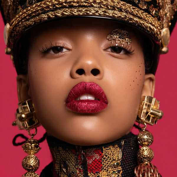 A Striking Portrait Of A Woman Adorned With Elaborate Gold Jewelry And Makeup Exuding Confidence Against A Bold Red Background — Stock Photo