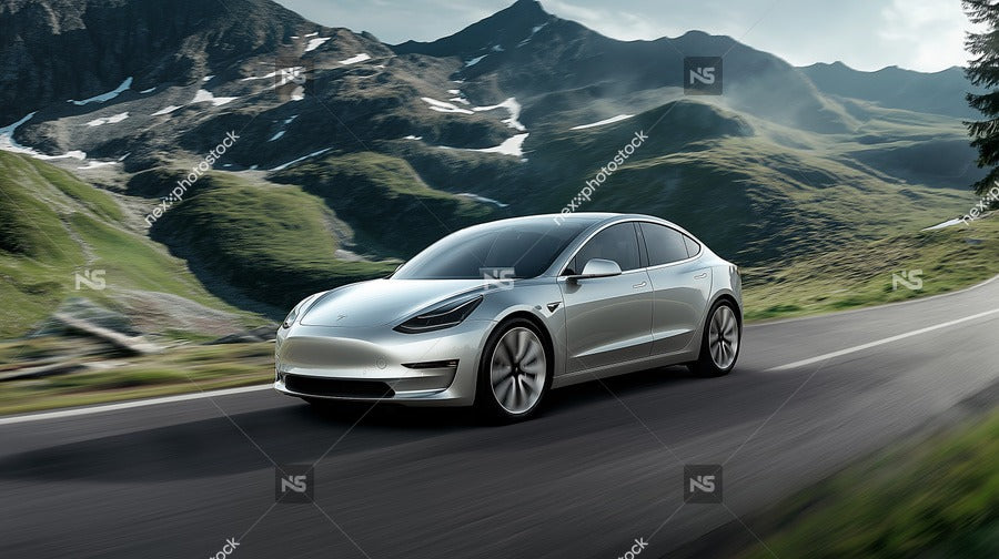 A Promotional Photograph A Silver Tesla Electric Car In Motion On A Winding Road With Mountainous Terrain In The Background — Stock Photo