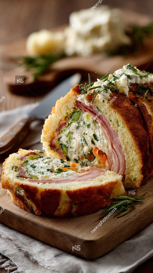 A Savory Bread Loaf With Ham And Cheese Placed On A Wooden Cutting Board Ready To Be Served — Stock Photo