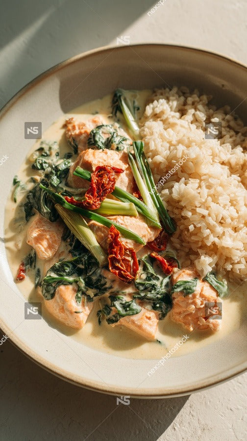 Thai Cuisine Meal With Chicken Rice And Vegetables In A Bowl On A Table — Stock Photo