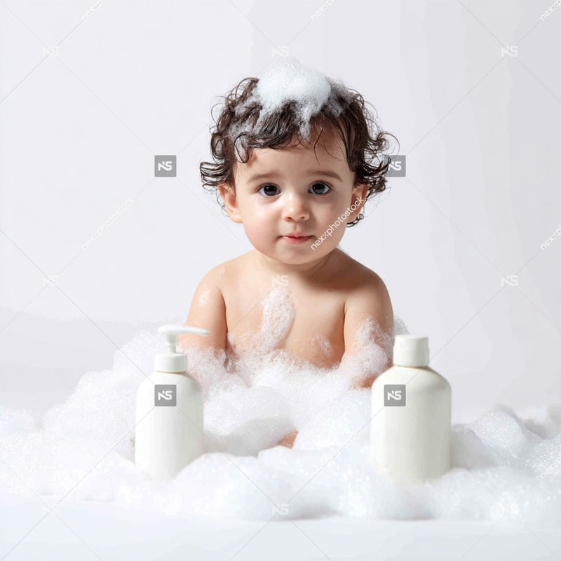 A Baby Sitting In A Bubble Bath Surrounded By Bubbles With Two Bottles Of Shampoo Nearby — Stock Photo