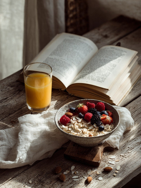 A Cozy Breakfast Scene With A Bowl Of Oatmeal Fresh Fruit And A Glass Of Orange Juice On A Wooden Table — Stock Photo