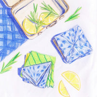 Hand Drawn Illustration Of A Blue And White Checkered Tablecloth With Lemon Slices Lemonade Packets And A Cell Phone On It — Stock Illustration