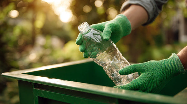 A Person Wearing Green Gloves Is Placing A Clear Plastic Bottle Into A Green Recycling Bin (2) — Stock Photo