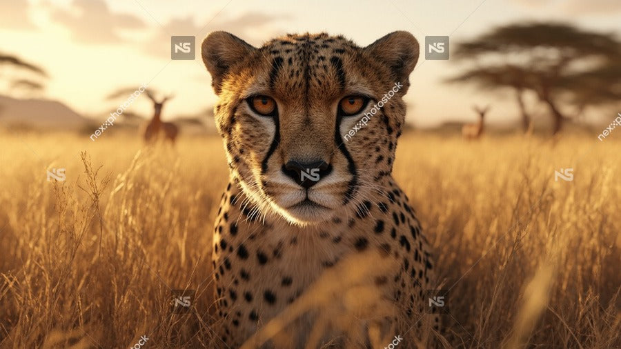A Cheetah Standing In A Grassy Field During Sunset With A Backdrop Of Trees And A Clear Sky — Stock Photo