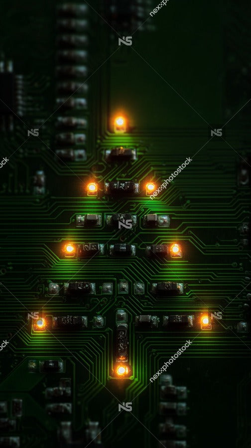 A Printed Circuit Board With A Christmas Tree Decoration Three Small Lights Arranged In A Triangular Shape To Resemble A Christmas Tree — Stock Photo