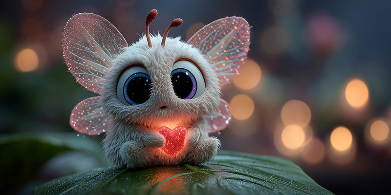 features a small plush creature with large eyes and antennae resembling an insect perched on a leaf like surface - Stock Video
