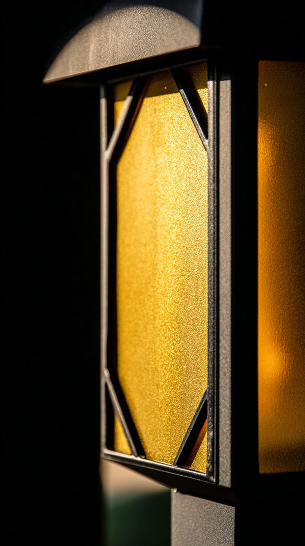 A Black And Yellow Lantern With A Rectangular Shape A Glass Pane In The Center Set Against A Dark Background — Stock Photo