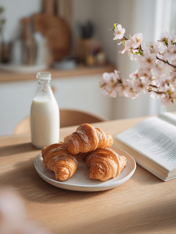 Croissants On A Plate On A Table With A Book And A Bottle Of Milk In The Background — Stock Photo