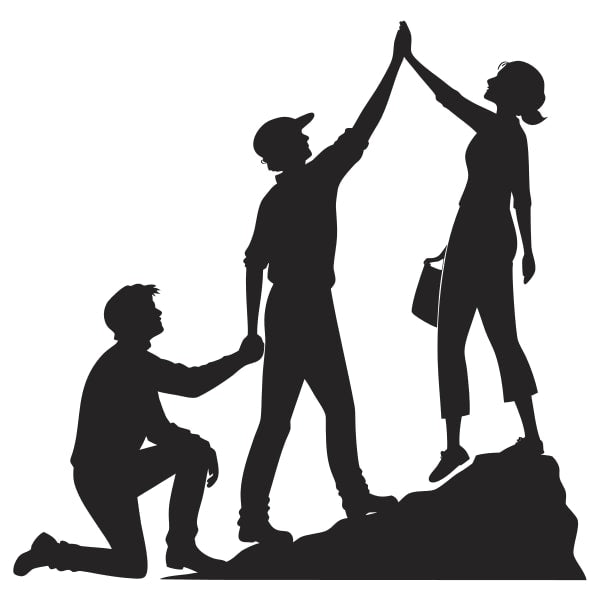 Silhouette Of Three People High Fiving On Mountain Peak — Stock Vector