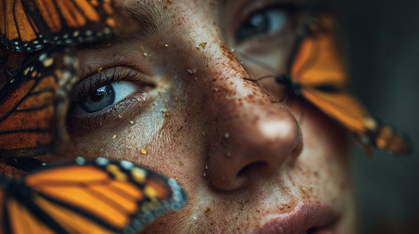 A Close Up Portrait Of A Person With Butterflies On Their Face Set Against A Dark Background — Stock Photo
