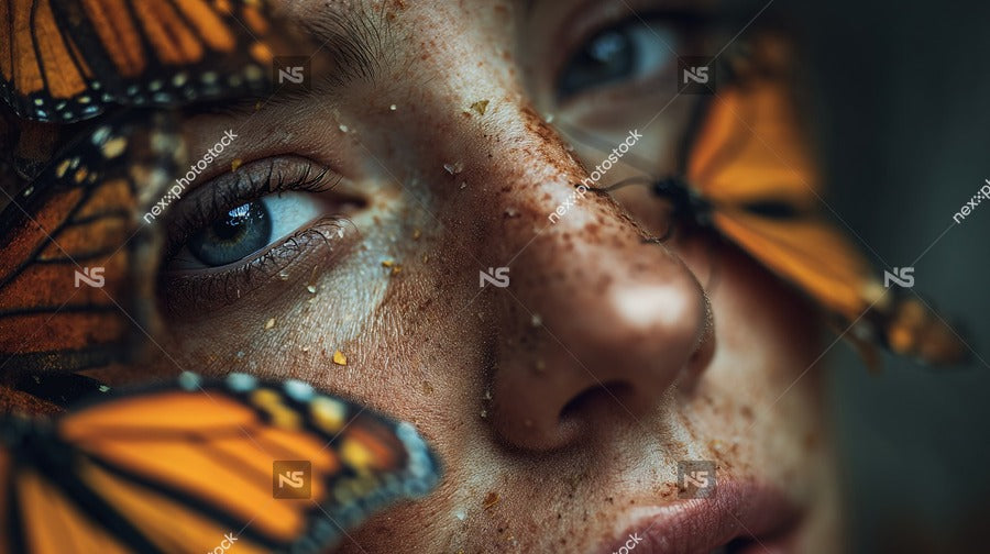 A Close Up Portrait Of A Person With Butterflies On Their Face Set Against A Dark Background — Stock Photo