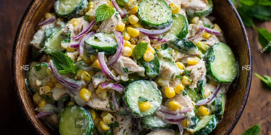 A Bowl Of Chicken Salad With Cucumbers And Corn Garnished With Mint Leaves Served In A Wooden Bowl On A Table — Stock Photo