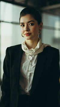 A Woman Wearing A Business Suit And Tie Posing For A Portrait With A Neutral Expression — Stock Photo