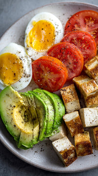A Colorful And Appetizing Breakfast Platter A Variety Of Fresh Vegetables Eggs And Toasted Bread — Stock Photo