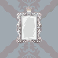 A Silver Oval Mirror With An Ornate Frame Set Against A Gray Background With A Subtle Floral Pattern — Stock Vector