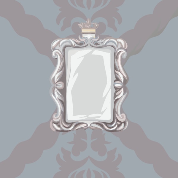 A Silver Oval Mirror With An Ornate Frame Set Against A Gray Background With A Subtle Floral Pattern — Stock Vector