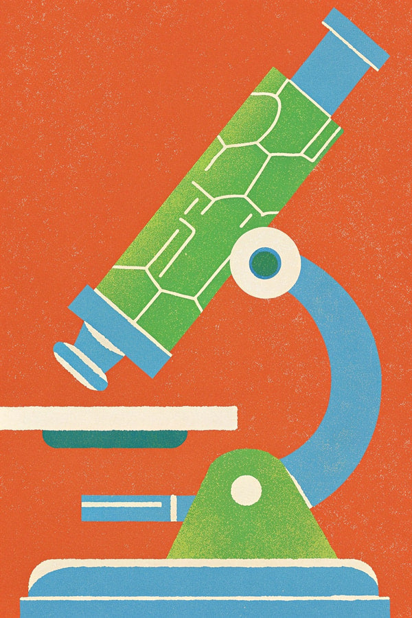 Illustration Of A Colorful Microscope With A Magnifying Glass And A Test Tube On A Red Background — Stock Illustration