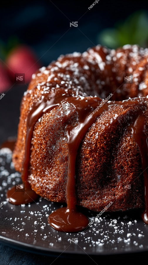 A Chocolate Cake With Icing Placed On A Black Plate And Garnished With Powdered Sugar — Stock Photo
