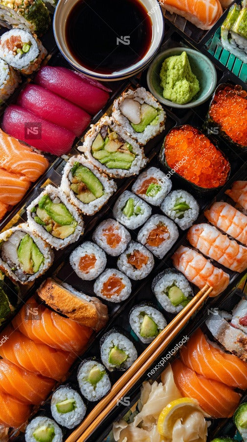 A Variety Of Sushi Pieces Displayed On A Tray Showcasing Different Types And Ingredients — Stock Photo