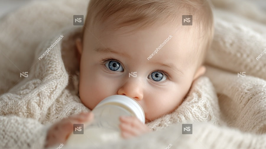 Newborn Baby In A White Blanket Looking Directly Into The Camera With Blue Eyes — Stock Photo