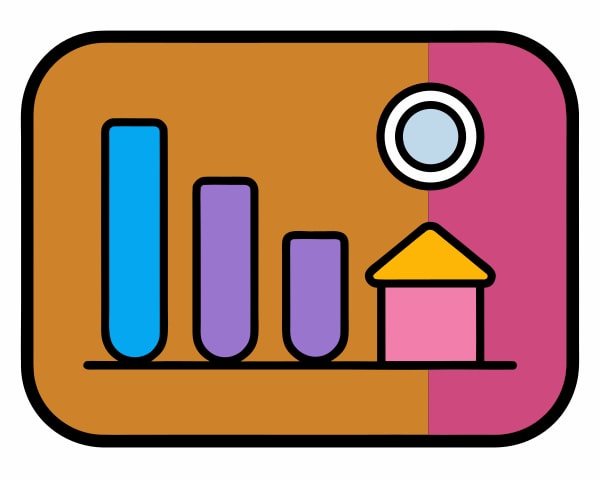 Illustration Of A Colorful Pie Chart Icon With A House And Bar Graph In The Background — Stock Vector