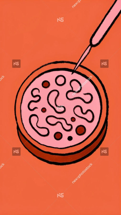 A Petri Dish Containing A Cellular Structure With Visible Nuclei And Cytoplasm Set Against An Orange Background — Stock Illustration