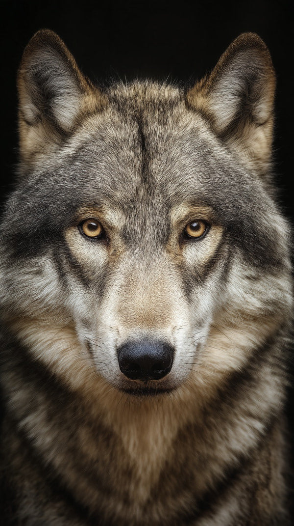 Wolf Portrait With Striking Eyes And A Serious Expression Set Against A Dark Background — Stock Photo