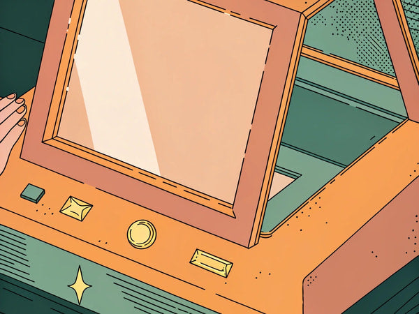 An Old Fashioned Arcade Machine With A Glass Window And Two Coin Slots Set Against A Backdrop Of A Wooden Floor — Stock Illustration