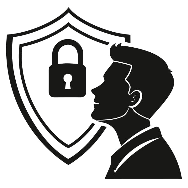 A Black And White Illustration A Man Looking Upwards Towards A Shield Icon Which Contains A Padlock Inside It — Stock Vector