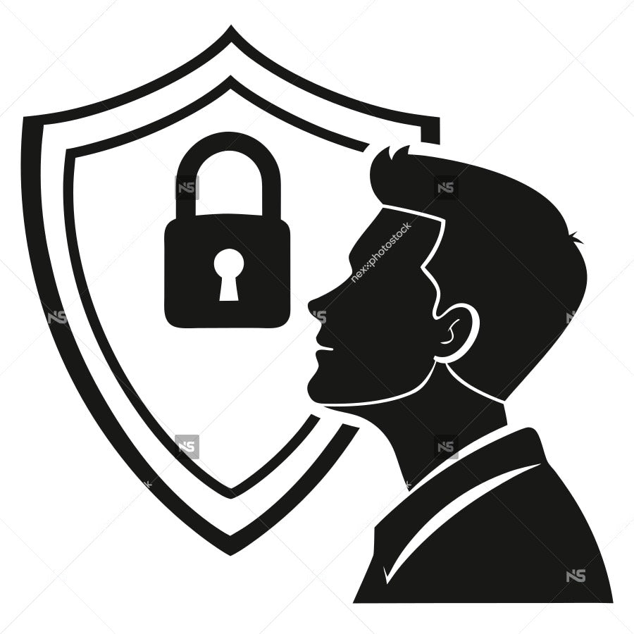 A Black And White Illustration A Man Looking Upwards Towards A Shield Icon Which Contains A Padlock Inside It — Stock Vector
