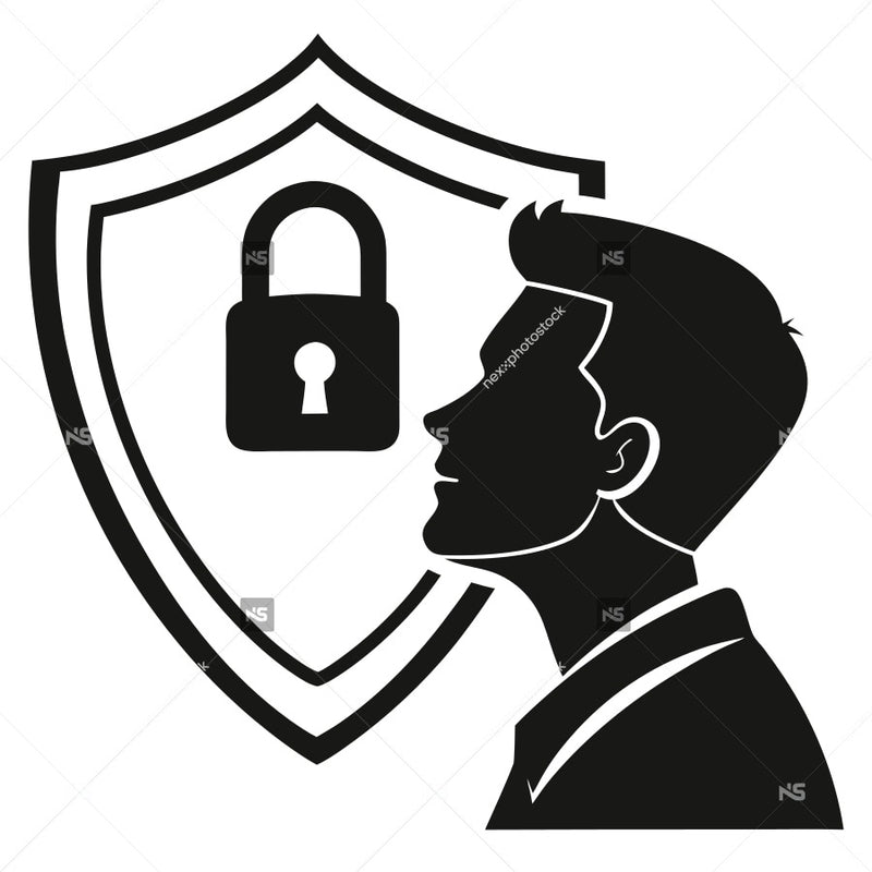 A Black And White Illustration A Man Looking Upwards Towards A Shield Icon Which Contains A Padlock Inside It — Stock Vector