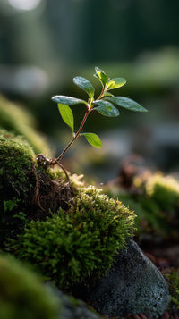 A Small Plant Sprouting From A Mossy Rock In A Forested Area With Sunlight Filtering Through The Trees And Casting Shadows — Stock Photo