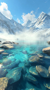 captures a breathtaking view of a mountain lake with snow capped mountains in the background and clear blue water reflecting the surrounding landscape - Stock Video