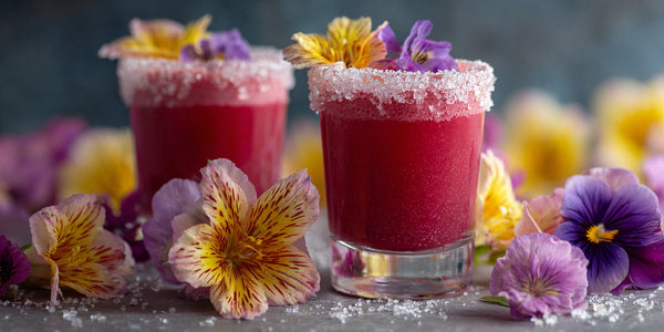 Two Cocktail Glasses With Sugar Rims Garnished With Flowers And Placed On A Surface Surrounded By More Flowers — Stock Photo
