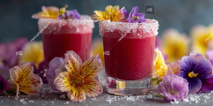 Two Cocktail Glasses With Sugar Rims Garnished With Flowers And Placed On A Surface Surrounded By More Flowers — Stock Photo