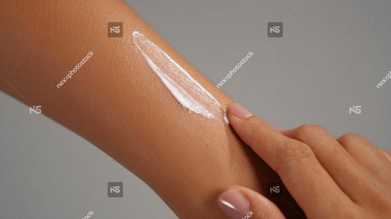 Shows A Close Up View Of A Person S Hand Applying A Cream Lotion To Their Arm — Stock Photo