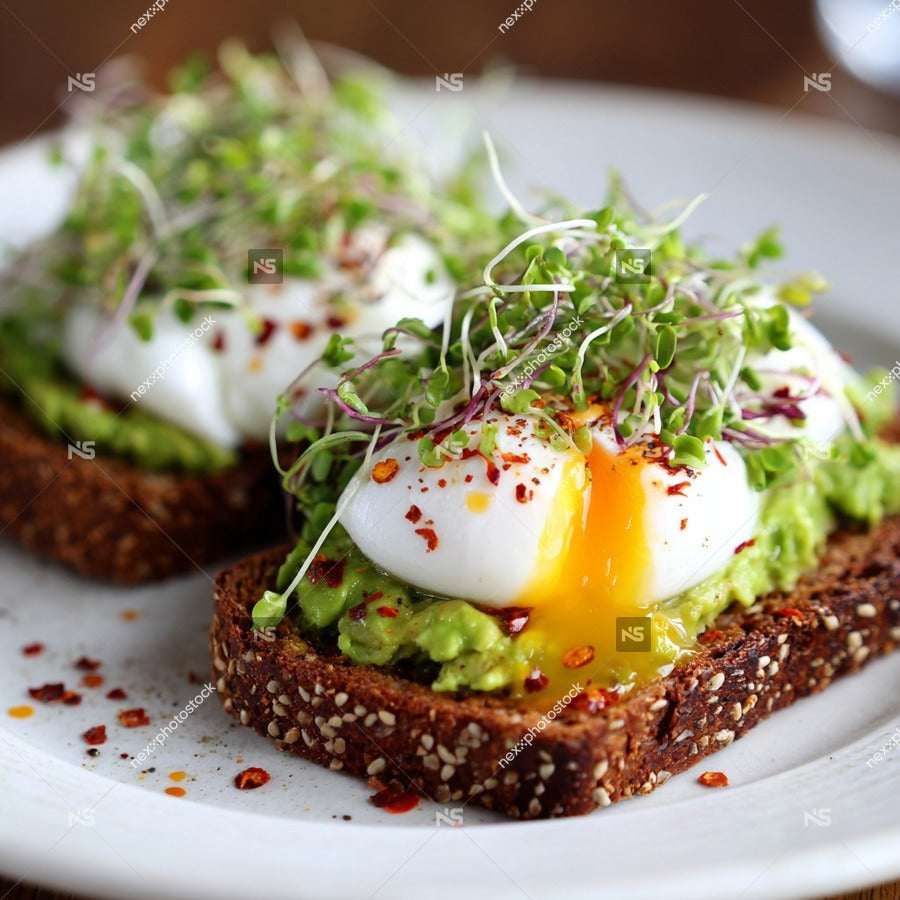 A Plate Of Avocado Toast Topped With A Fried Egg And Sprinkled With Microgreens Served On A White Plate — Stock Photo