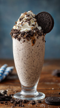 Oreo Ice Cream Sundae With Whipped Cream And Chocolate Chips On A Wooden Table — Stock Photo