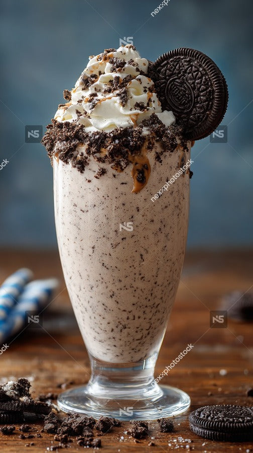 Oreo Ice Cream Sundae With Whipped Cream And Chocolate Chips On A Wooden Table — Stock Photo