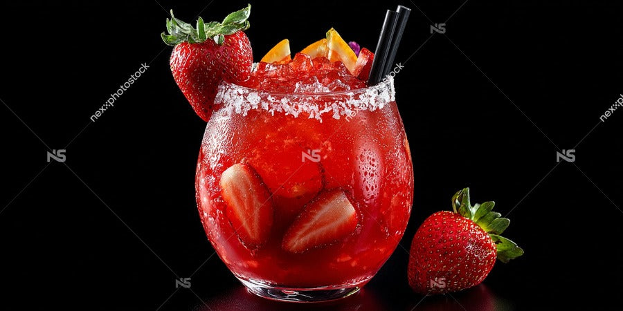 A Refreshing Strawberry Margarita Garnished With Fresh Fruit Served In A Clear Glass On A Black Surface — Stock Photo