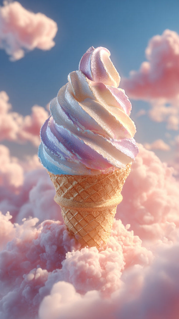 A Colorful Ice Cream Cone With Pink Clouds In The Background Set Against A Blue Sky — Stock Photo