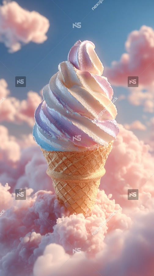 A Colorful Ice Cream Cone With Pink Clouds In The Background Set Against A Blue Sky — Stock Photo